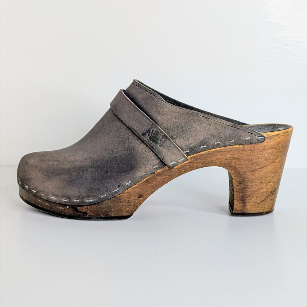 Sandgrens Maya Clogs 39 Brown Nubuck Leather 3" Heel Swedish Wood Base Runs 8.5
